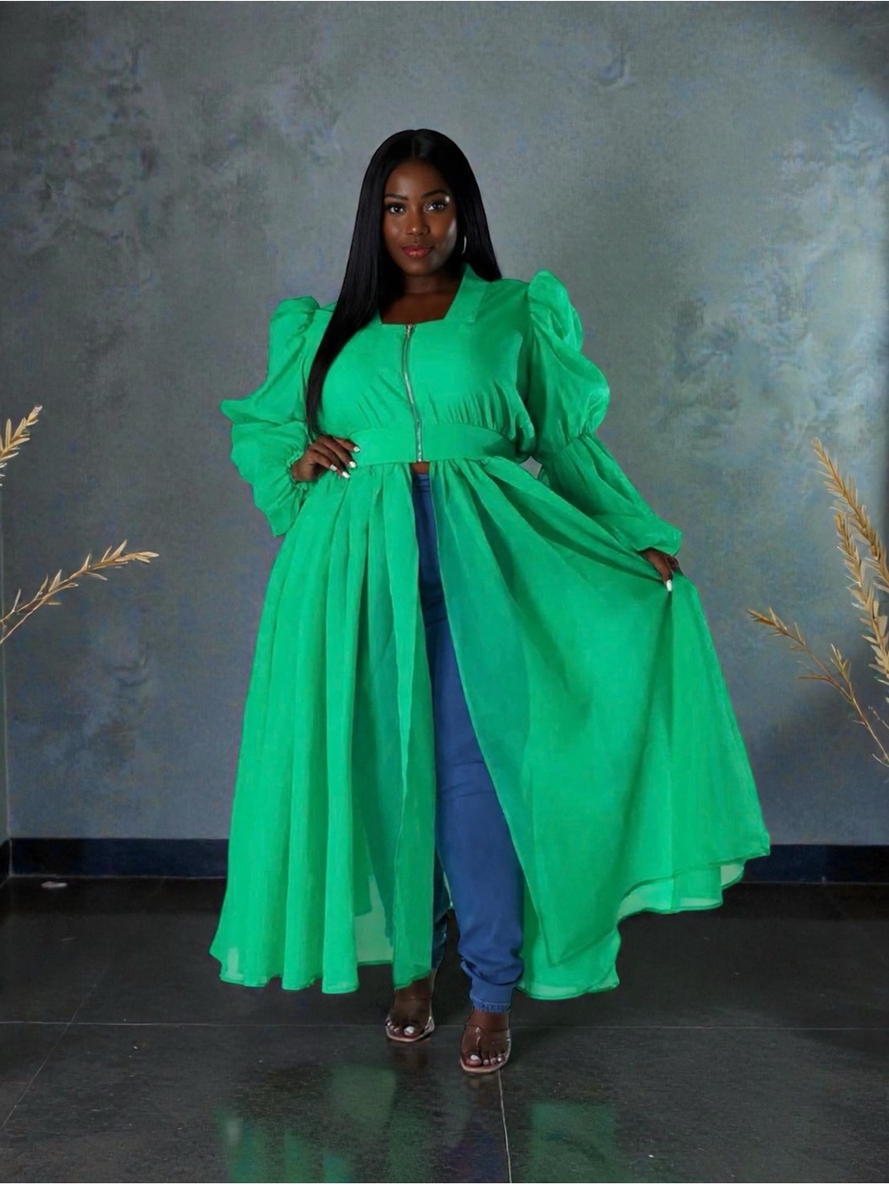Green Maxi Skirted Overlay with Puff Sleeve Detail